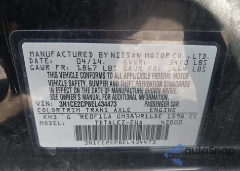 2014 Nissan Versa Note S (Sr)/S Plus/Sv z USA, uszkodzony, nr VIN 3N1CE2CP8EL434473